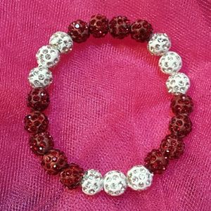 Red White Sparkle Bling Beaded Stretch Bracelet